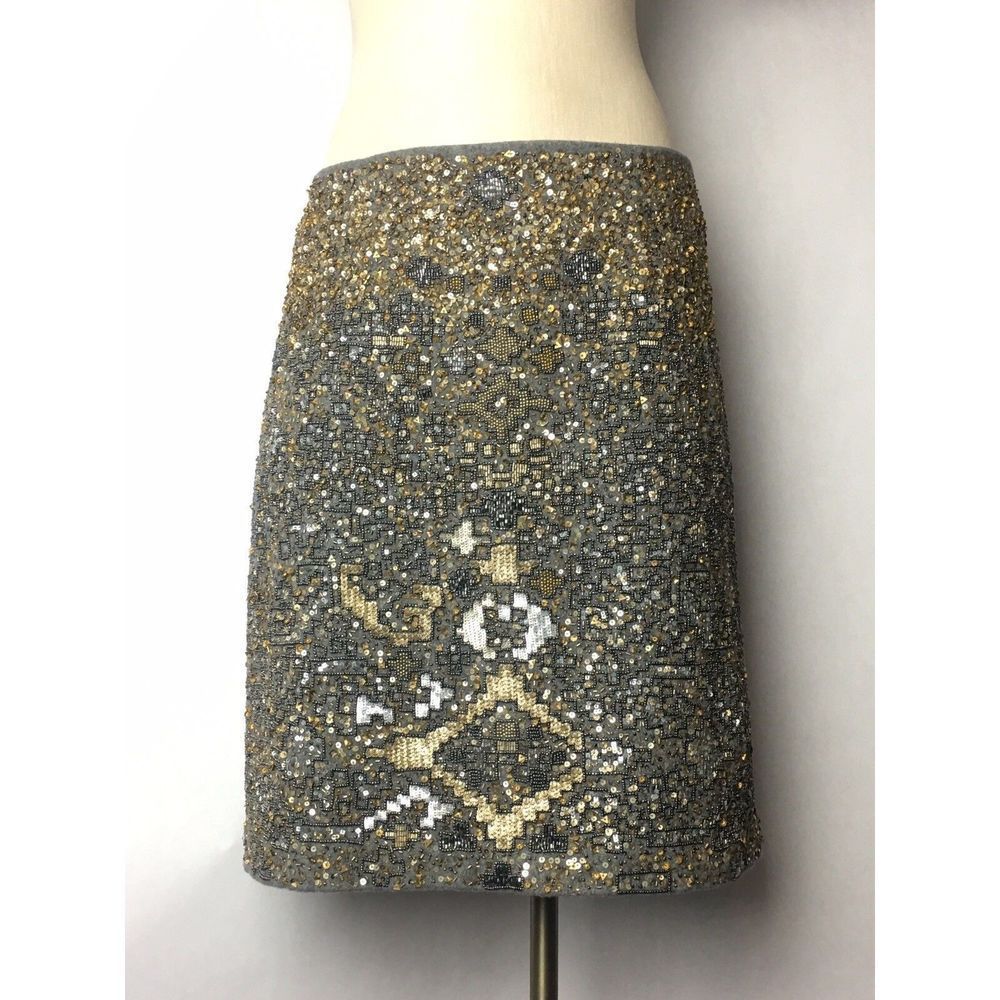 Anthropologie Moulinette Soeurs Gray Gold Wool Beaded Felt Skirt Sz 12